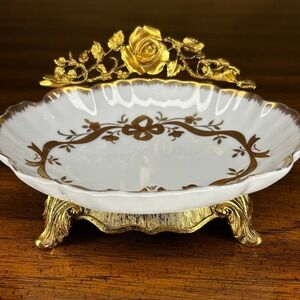 Vintage MATSON Ormolu Gold Plated Porcelain Soap Dish 605 Rose Garland Hollywood